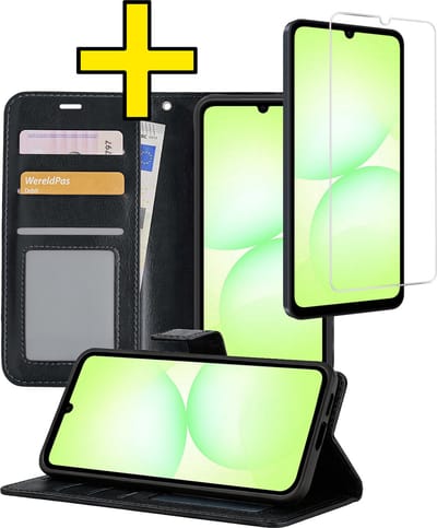 Hoesje - Met Screenprotector - Geschikt voor Samsung Galaxy A07 - Luxe Pasjeshouder - Bookcase Portemonee - Flip Case - Kunstleer Book Case - Flipcase - Book Cover - Walletcase - Portemonneehoes - Telefoonhoesjes - Zwart