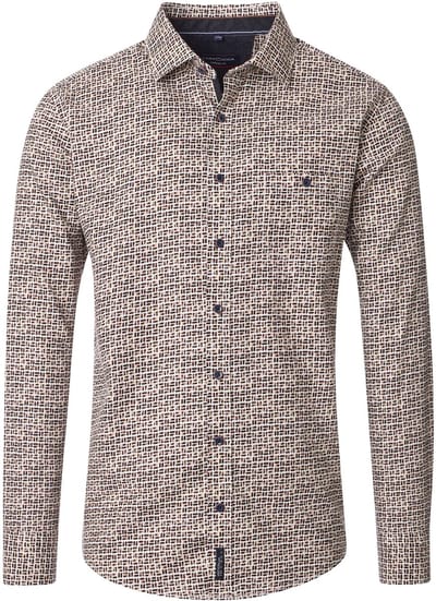 CASA MODA Sport casual fit overhemd - twill - wit met bruin en beige dessin - Strijkvriendelijk - Boordmaat: 39 - 40