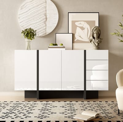 MEUNIQ Dressoir 150 x 40 x 80,5 cm wit hoogglans met zwarte accenten, 2 deuren en 4 lades, sideboard voor woonkamer of eetkamer