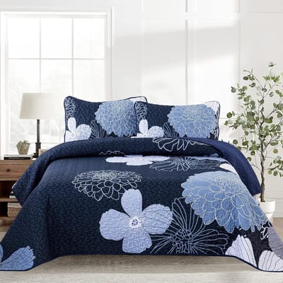 Goodivery ® Elegante Navy Bedsprei Met Bloemenpatroon En Kussensloopset Voor Dubbelbed
