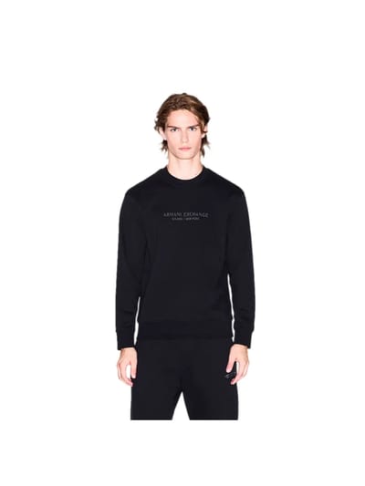 Printed Cotton Long Sleeve Sweatshirt with Round Neck - Black