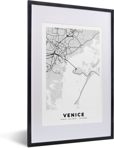 Fotolijst incl. Poster Zwart Wit- Kaart - Venetië - Zwart Wit - Stadskaart - Plattegrond - 40x60 cm - Posterlijst