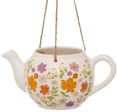 Boltze - Hanger - Bloempot - Theepot - Keramiek - Bloemdesign - Handgemaakt - 25x14,5x11 cm - Wit/Multicolor