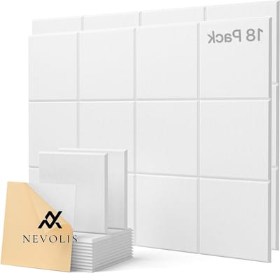 Nevolis 18 Pieces Self-Adhesive Acoustic Panels Soundproofing High Density Polyester Beveled Edge Design White Ceilings Wood Doors 30 x 30 x 1 cm .