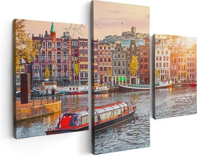 Artaza Canvas Schilderij Drieluik Amsterdamse Huisjes Vanaf De Grachten - 90x60 - Foto Op Canvas - Canvas Print