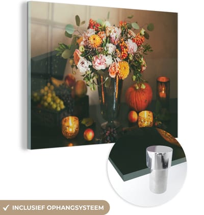 MuchoWow® Glasschilderij 40x30 cm - Schilderij acrylglas - Stilleven - Pompoen - Kaarsen - Foto op glas - Schilderijen