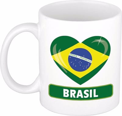 Hartjes vlag Brazilie koffiemok - drink beker - white - 300 ml - Brasil - Supporters - cadeau - landen - feestartikelen