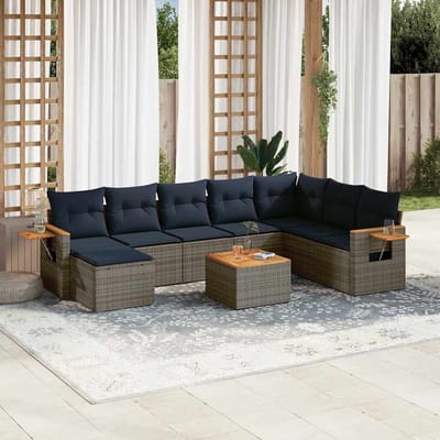 vidaXL - 9-delige - Loungeset - met - kussens - poly - rattan - grijs