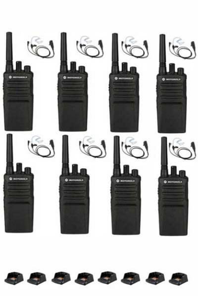 Set van 8 Motorola XT420 UHF IP55 PMR446 Portofoon met laders en beveiliging oortje