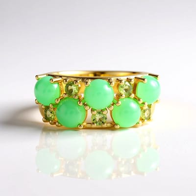 Cavill - Zilveren ring verguld - 925 Sterling zilver - 3 1 ct chrysopraas cabochon en toermalijn - Moderne damesring groen elegant