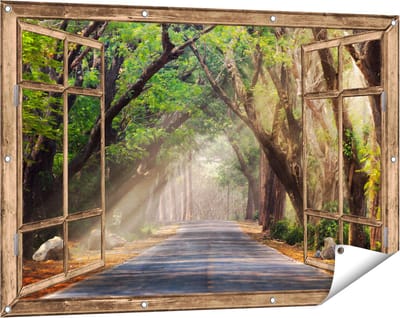 Gards Tuinposter Doorkijk Weg Omringd met Bomen - 120x80 cm - Tuindoek - Tuindecoratie - Wanddecoratie buiten - Tuinschilderij