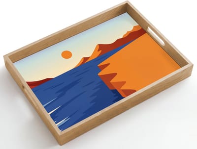 Dienblad hout 50x35 cm - Schootdienblad - Landschap - Bergen - Zon - Zee - Borrelplank rechthoek - Plateau dienbladen