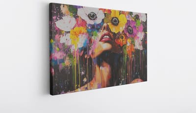 Saammp Canvas Schilderij -Vrouw met bloemen - Abstract kunstwerk - 30x20 - Foto op canvas - Wanddecoratie - Muurdecoratie Woonkamer - Slaapkamer decoratie - Canvas Print