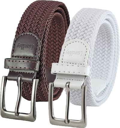 Landley Elastische Gevlochten Stretch Riemen Duopack - Voordeelset met 2 riemen - Dames en Heren - Bruin en Wit - Lengte totaal 100 cm / Riemmaat 85