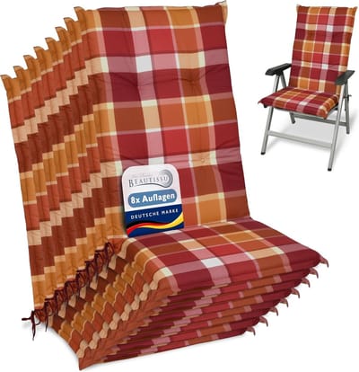 Beautissu Sunny RO – Set van 8 Tuinkussens Hoge Rug 120x50 cm met UV-lichtechtheid Comfortabele Tuinstoel Zitkussen Rood geruit