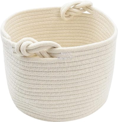 Witte Geweven Opbergmand met Stevige Handvatten, Herbruikbare Cadeaumand, Organizers voor Baby Speelgoed en Kinderopvang, Katoenen Touw, Babywasmand (24 x 18 cm)