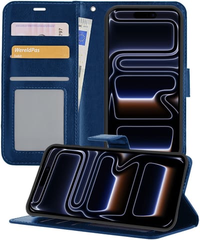 Hoesje - Geschikt voor iPhone 17 Pro / 18 Pro - Luxe Bookcase - Walletcase Hoes - Portemonnee - Cover - Telefoonhoes - Donkerblauw