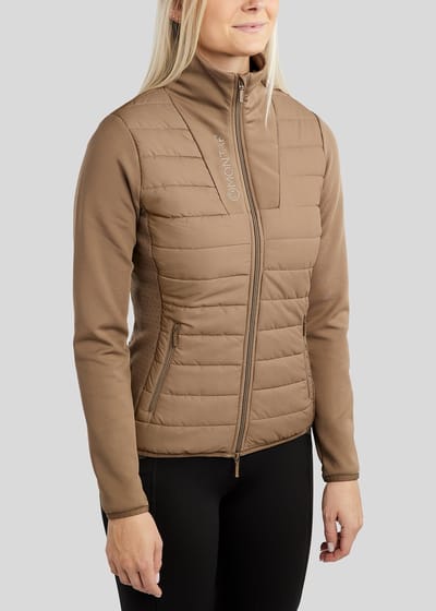 Montar SS26 MoCaroline Hybrid Jas met lasergesneden zijpanelen en Champagne Kristallen Taupe M