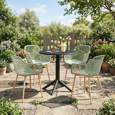 EGGREE Balkonmeubilair voor kleine balkons - Outdoor loungeset voor tuin & terras - Tafel (Ø 60 cm) + 4 grijsgroen fauteuils