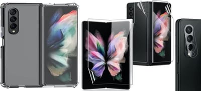 Hoesje geschikt voor Samsung Galaxy Z Fold 3 - Anti Shock Proof Siliconen Back Cover Case Hoes Transparant - PET Folie Screenprotector - Camera Lens Screenprotector