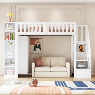 Hoogslaper 90x200 cm - met boekenplank - opbergkast en kledingkast - veiligheidsladder met opbergvakken - wit - zonder matras