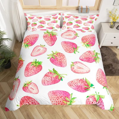 Kinderen Roze Aardbei Dekbedovertrek King Queen Paddenstoel Beddengoed Set Voor Meisjes, Kawaii Fruit Dekbedovertrek Waterverf Quiltovertrek EU single(135x200cm)