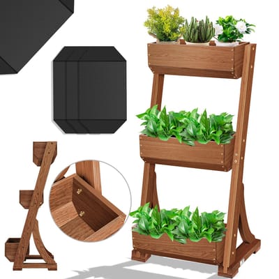 KESSER® Verticale Tuin met 3 Plantenbakken - Kweekbak inclusief Tuinvlies voor Terras Balkon & Tuin verticale Plantenbak met 3 vakken - Bruin