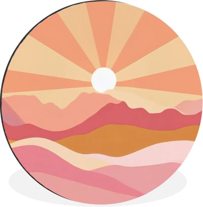 WallCircle - Wandcirkel - Muurcirkel - Bergen - Abstract - Zonnestralen - Roze - Aluminium - Dibond - 30x30 cm - Binnen en Buiten