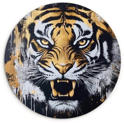 WallCircle® Wandcirkel 120x120 cm - Muurcirkel Tijger - Verfspatten - Goud - Muurdecoratie woonkamer - Wanddecoratie slaapkamer - Kamer decoratie accessoires - Ronde schilderijen XXL