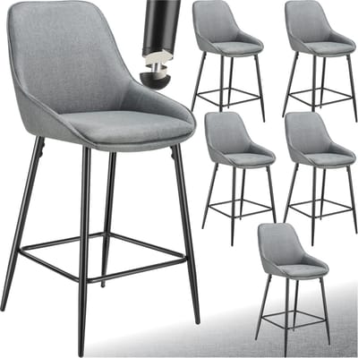tectake® - Set van 6 Barkrukken Siera - Gestoffeerde Barkruk met rugleuning - Barstoelen - Barstoel met voetensteun - Eetkamerstoel met stoffen bekleding en zachte schuimvulling - Stevige stalen poten met antislip vloerbescherming - Grijs/Zwart