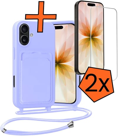 Hoesje Geschikt voor iPhone 17 Hoesje Met Telefoonketting Pasjeshouder Case Met 2x Screenprotector Koord - Hoesje Geschikt voor iPhone 17 Hoes Met Kaarthouder - Lila