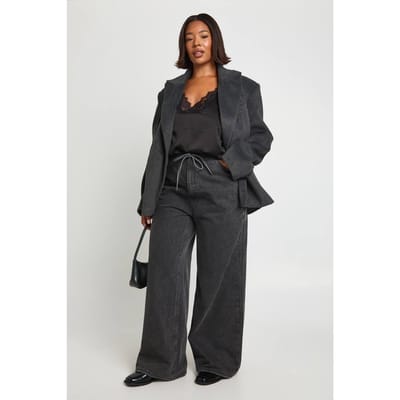 boohoo Dames Plus Tie Waist Channel Insert Wide Leg Jeans | Washed Black | Maat: 16
