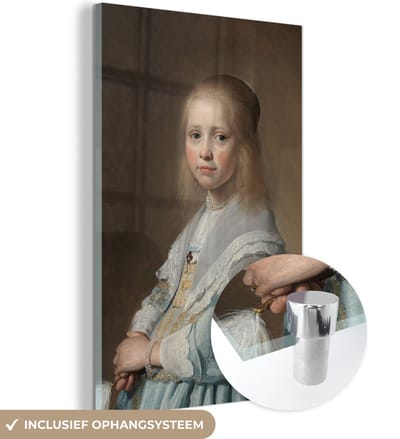 MuchoWow® Glasschilderij 120x180 cm - Schilderij acrylglas - Portret van een meisje in het blauw - Schilderij van Johannes Cornelisz. Verspronck - Foto op glas - Schilderijen