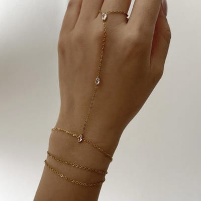 Roestvrij Staal Cubic Zirconia Handketting Armband Ring Voor Vrouwen Delicaat Marquise Cz Verbonden Vingerring Meerlaags Pols Juweel brown