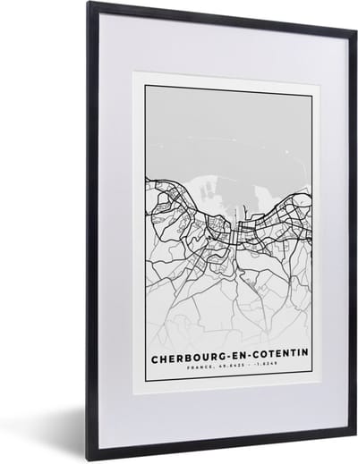 Fotolijst incl. Poster Zwart Wit- Plattegrond - Cherbourg-en-Cotentin - Kaart - Frankrijk - Stadskaart - Zwart wit - 40x60 cm - Posterlijst