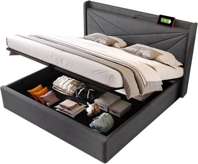 Wishdor – Opbergbed 180x200 cm – Geometrisch Hoofdbord & USB‑C – Hydraulische Bergruimte – Katoen‑Linnen Grijs – 300 kg