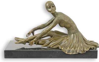 Decoratief Beeld - Bronzen Zittende Danseres - Brons En Natuursteen - Wexdeco - Brons - 26.9 X 14.2 Cm