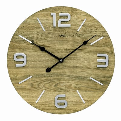 AMS W9701 - Wandklok - Analoog - Rond - Hout - Metaal - Cijfers - Streepjes - Crème Hout kleur - Zwart - Zilverkleurig - D 40 x 4 cm