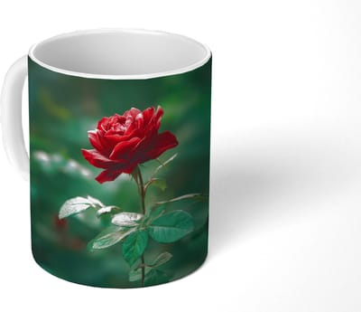 Mok - Koffiemok - Roos - Bladeren - Dieprood - Mokken - 350 ML - Beker - Koffiemokken - Theemok