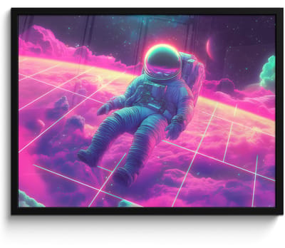 Poster in lijst - Fotolijst 70x50 cm - Posters - Astronaut - Neon - Roze - Wolken - Posterlijst zwart - Decoratie - Wanddecoratie woonkamer - Muurdecoratie slaapkamer