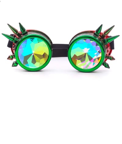 KIMU® Goggles Steampunk Bril Met Spikes - Groen Rood Montuur - Caleidoscoop Glazen - Olie Spacebril Space Caleidoscope - Natural High - Cannabis Festival