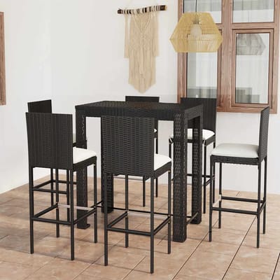 vidaXL - 7-delige - Tuinbarset - met - kussens - poly - rattan - zwart