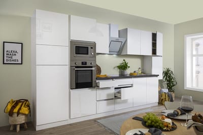 Goedkope keuken 385  cm - complete keuken met apparatuur Lorena  - Wit/Wit - soft close - keramische kookplaat    - afzuigkap - oven - magnetron  - spoelbak