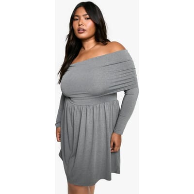 boohoo Dames Plus Jersey Off Shoulder Skater Jurk | Grijze Mergel | Maat: 46