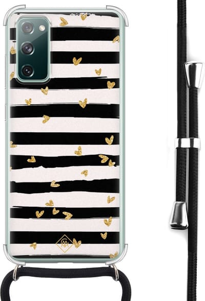 Casimoda® hoesje met koord - Geschikt voor Samsung S20 FE - Hart Streepjes - Afneembaar koord - Siliconen/TPU - Zwart