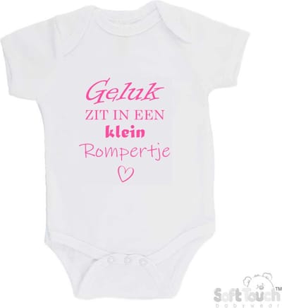 100% katoenen Romper "Geluk zit in een klein rompertje" Meisjes Katoen Wit/roze Maat 56/62