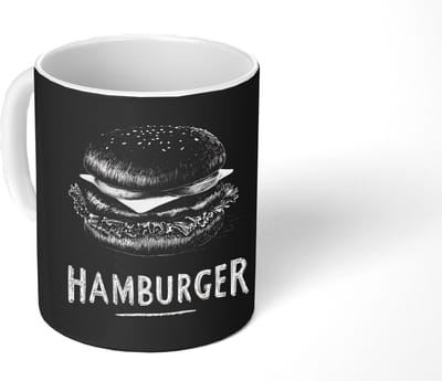 Mok - Koffiemok - Hamburger - Krijttekst - Zwart - Wit - Mokken - 350 ML - Beker - Koffiemokken - Theemok - Mok met Tekst
