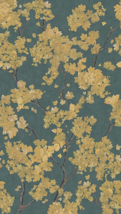 Fotobehang Profhome 790152-GU vliesbehang hardvinyl warmdruk in reliëf licht gestructureerd met bloemen patroon mat blauw petrol geel grijs 1,59 m x 2,8 m