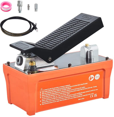 Luchthydraulische Pomp, 10.000 PSI, Reservoir van 1/2 Gallon, Uitlaat van 3/8 Inch NPT, Inlaat van 1/4 Inch NPT, Slang van 6,6 Voet, Voetbediend, Geschikt voor Carrosseriemachines en Trekstangen, Oranje