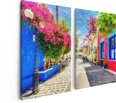 Artaza Canvas Schilderij Tweeluik Kleurrijke Straat op het Eiland Kos, Griekenland - 80x60 - Foto Op Canvas - Canvas Print